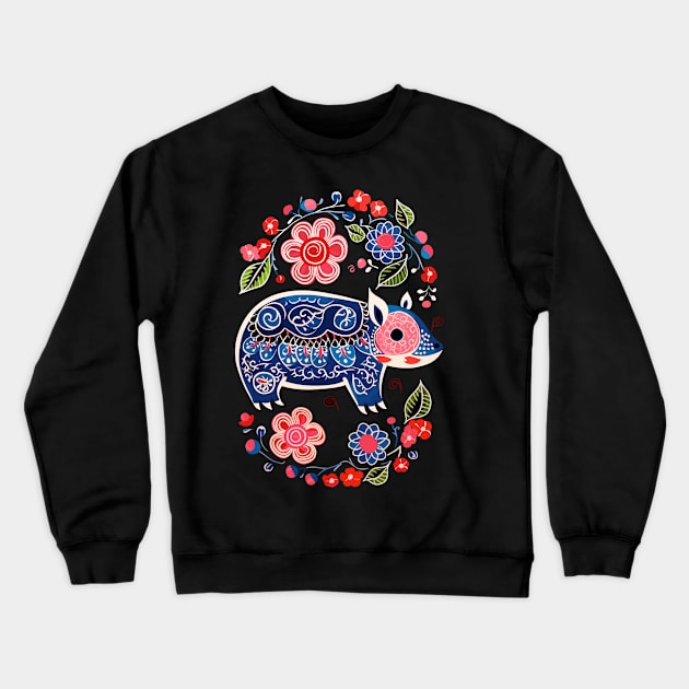 Polish Folk Art Design Cute Pig With Flowers Crewneck Sweatshirt by Piggy Boxer